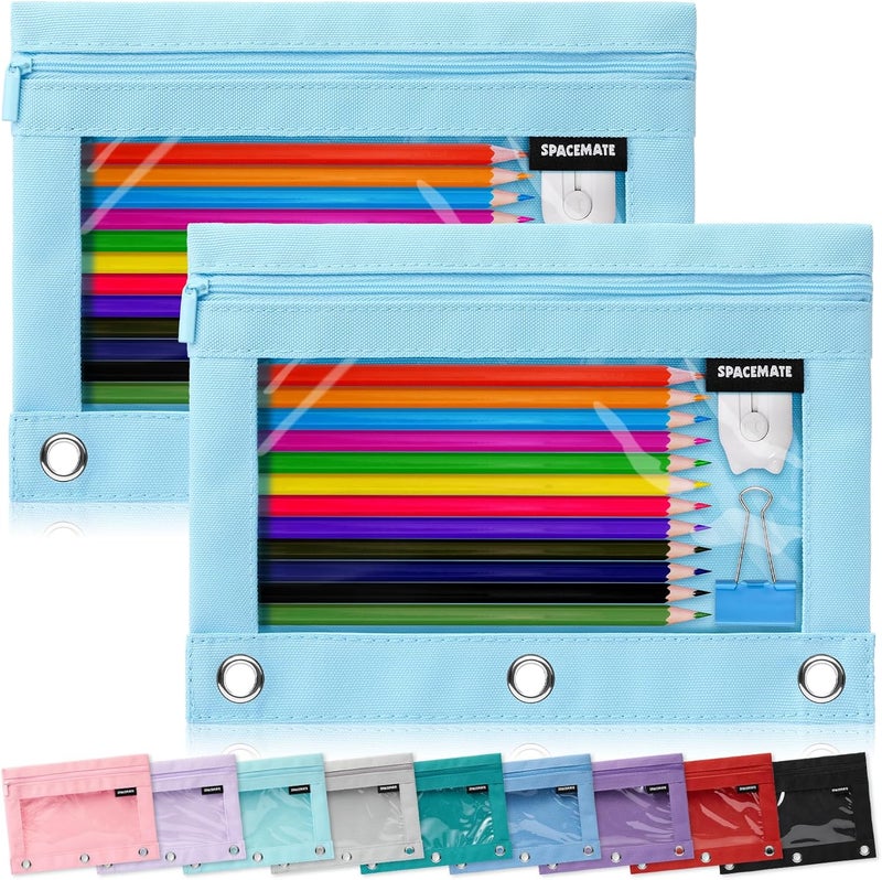 SPACEMATE 2 Pack Binder Pencil Pouch Case Box Bag for 3 Ring Binder School Supplies Girls Boys Kids, Clear Preppy Stuff Large Aesthetic Pen Organizer, Back to College Stationary, Sky Blue - Image 1